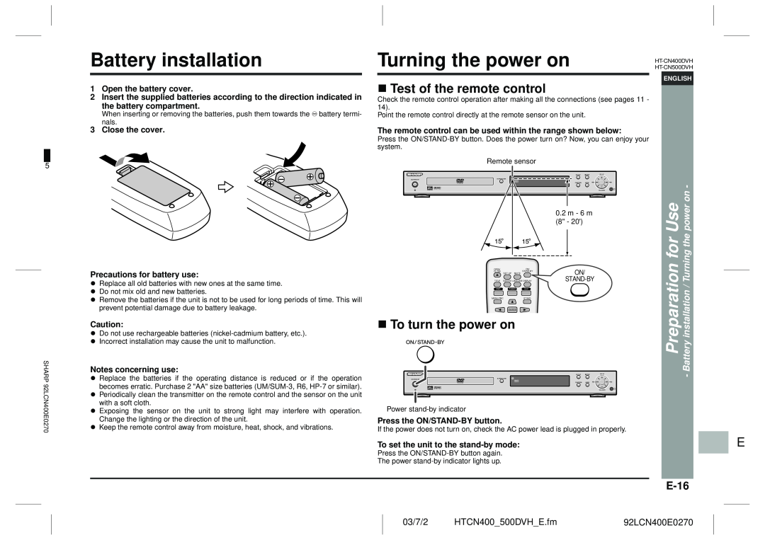 Sharp HT-CN400DVH Battery installation, Turning the power on, Test of the remote control, To turn the power on, E-16 