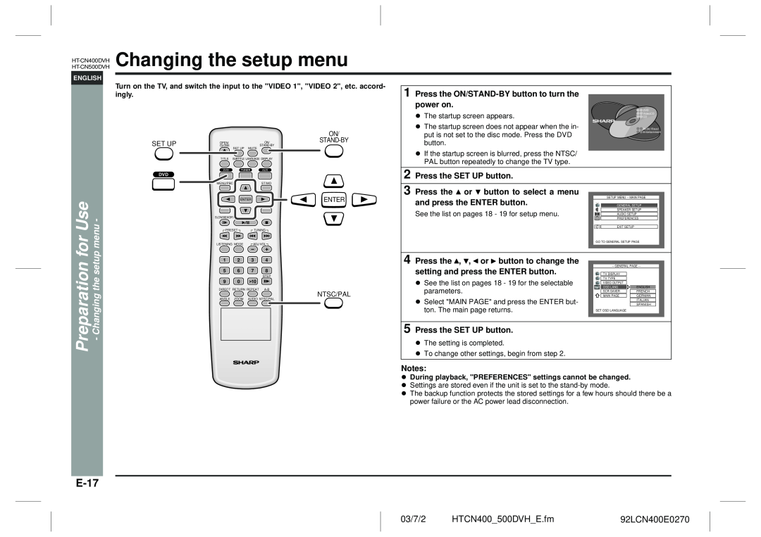 Sharp HT-CN400DVH Changing the setup menu, E-17, for Use menu, Press the SET UP button, and press the ENTER button, 03/7/2 