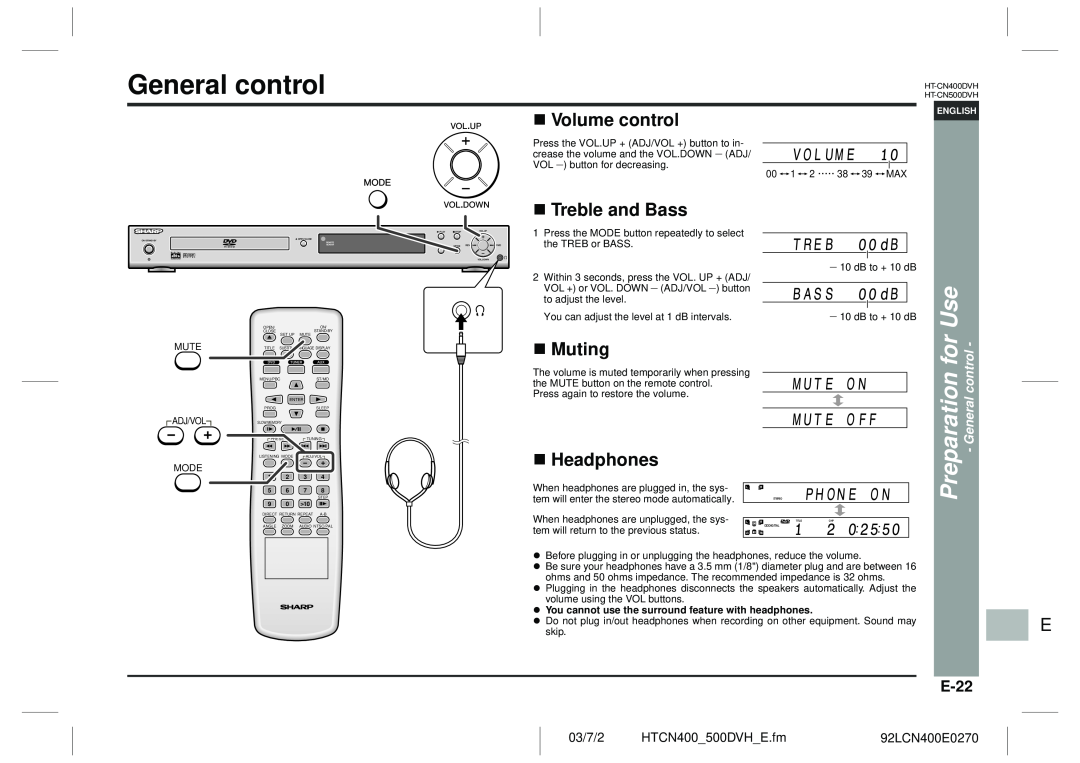 Sharp HT-CN400DVH Treble and Bass, Muting, Headphones, E-22, Preparation for Use - General control, Volume control 