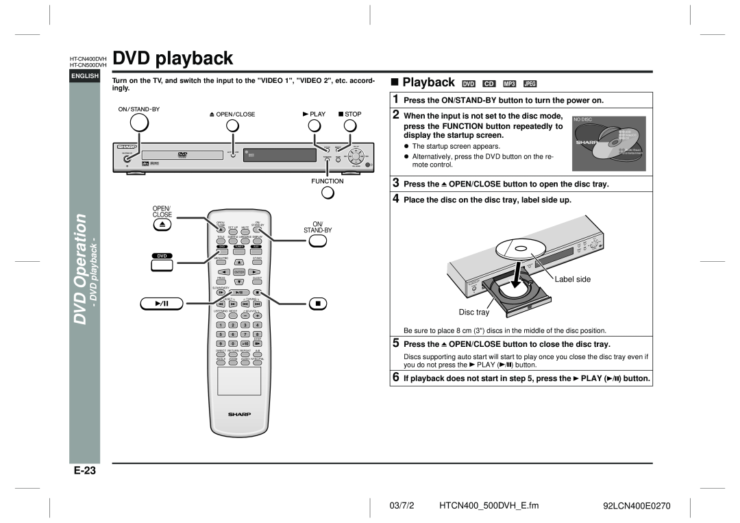 Sharp HT-CN400DVH E-23, DVD Operation - DVD playback, Place the disc on the disc tray, label side up, Playback, 03/7/2 