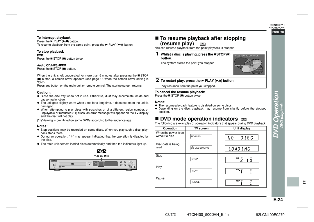 Sharp HT-CN400DVH To resume playback after stopping resume play, DVD mode operation indicators, E-24, playbackDVD, 03/7/2 