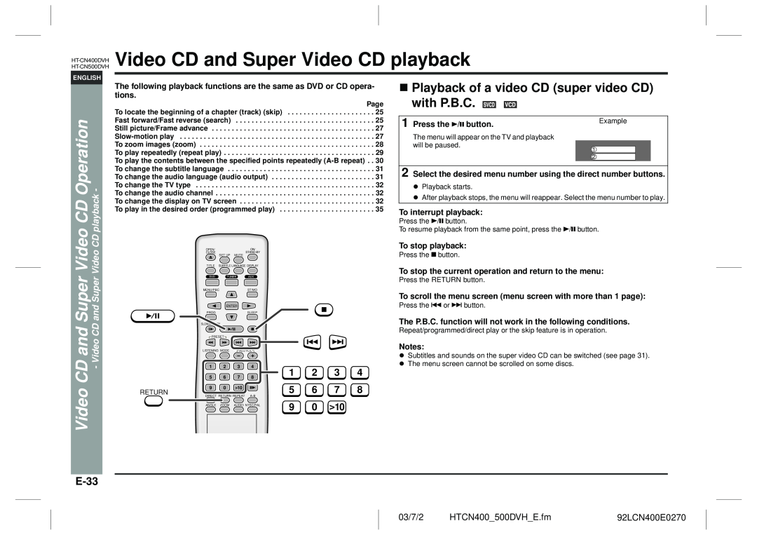 Sharp HT-CN400DVH operation manual Video CD and Super Video CD playback, Video CD Operation, E-33 