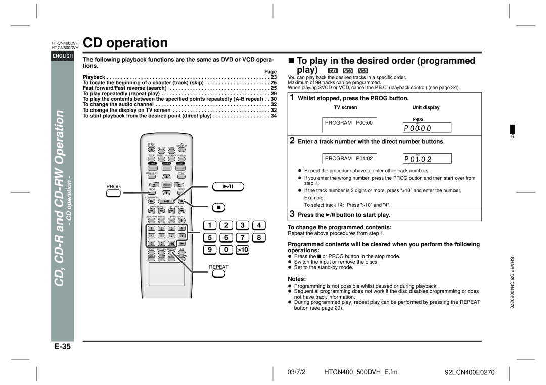 Sharp HT-CN400DVH operation manual CD operation, Cd-R, To play in the desired order programmed play, E-35 
