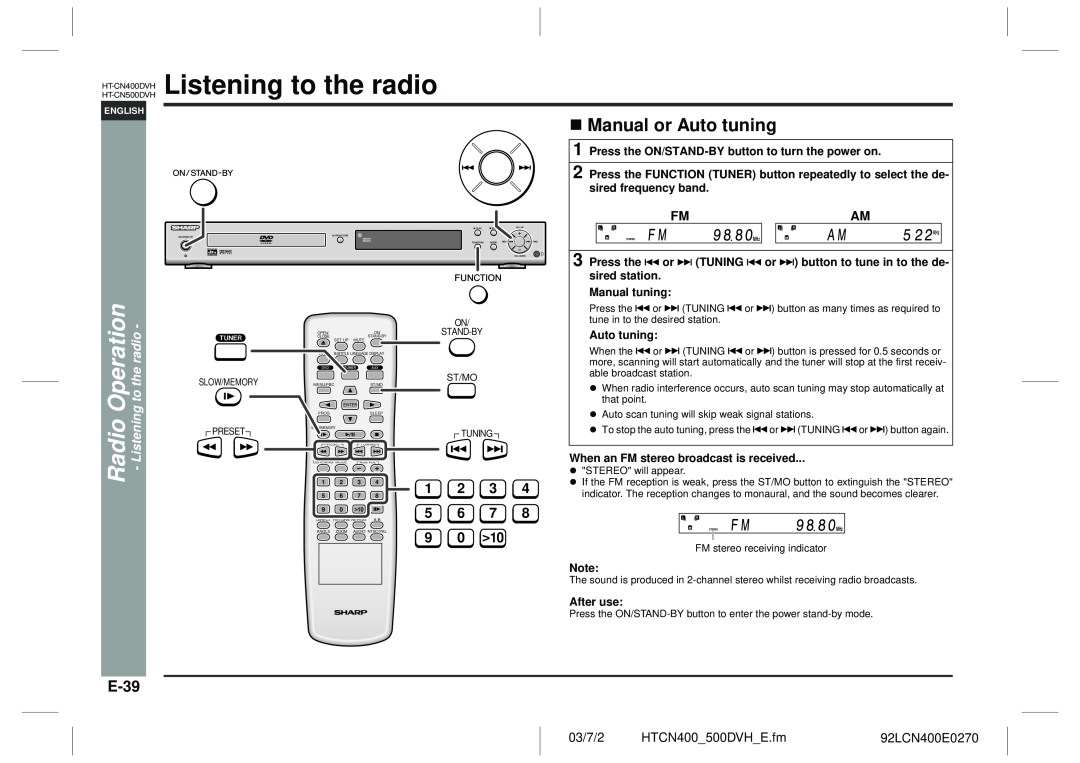 Sharp HT-CN400DVH Manual or Auto tuning, E-39, Radio Operation - Listening to the radio, Manual tuning, After use 