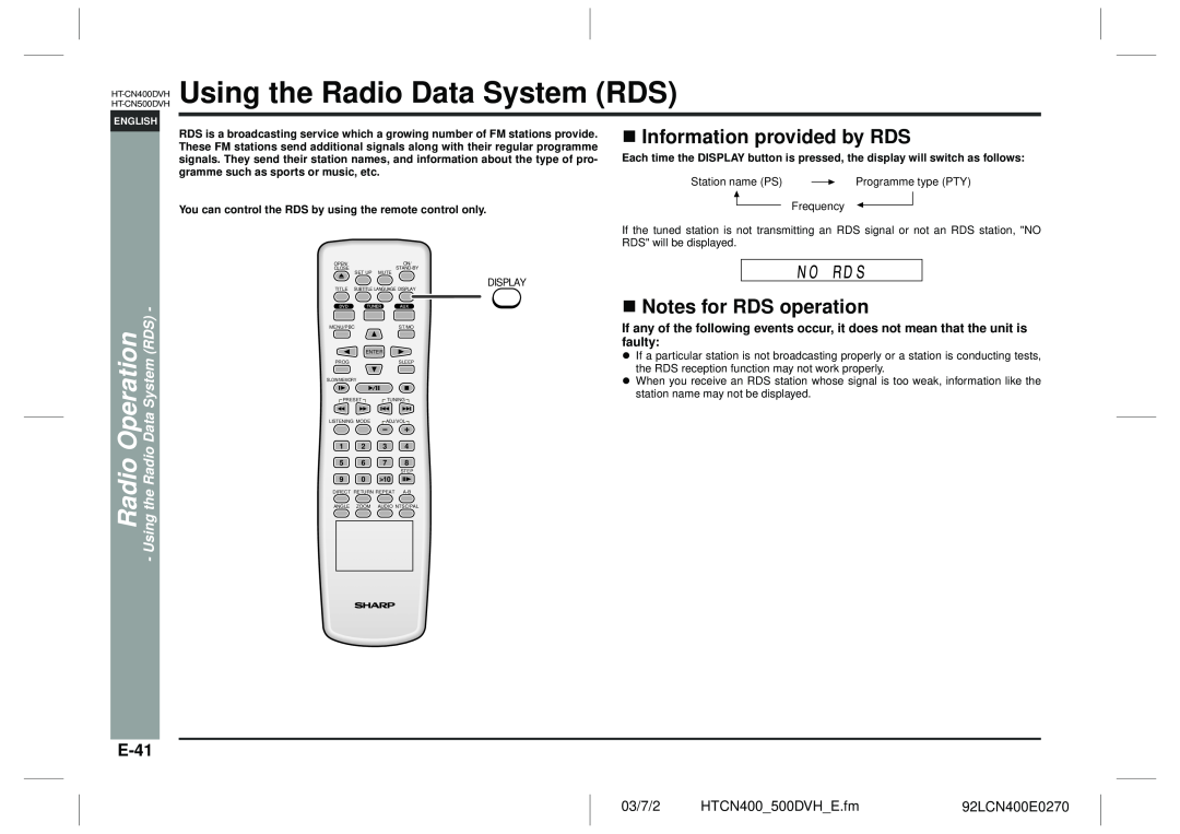 Sharp HT-CN400DVH Using the Radio Data System RDS, Information provided by RDS, Notes for RDS operation, E-41, 03/7/2 