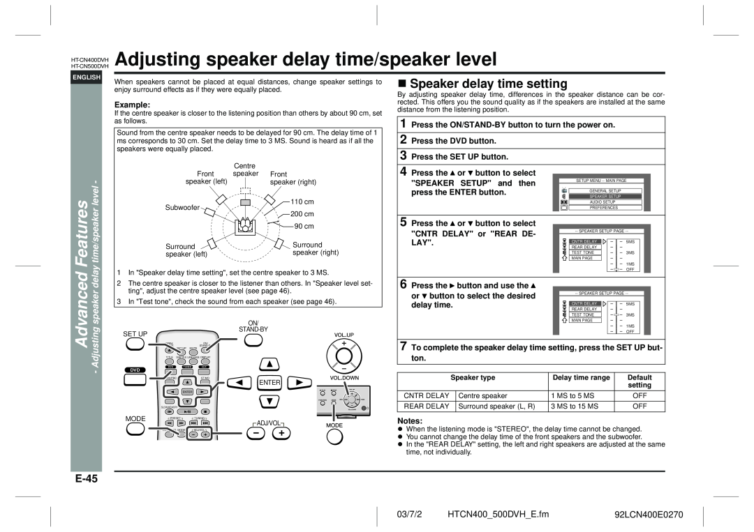 Sharp HT-CN400DVH Adjusting speaker delay time/speaker level, Advanced, Speaker delay time setting, E-45, Press the 