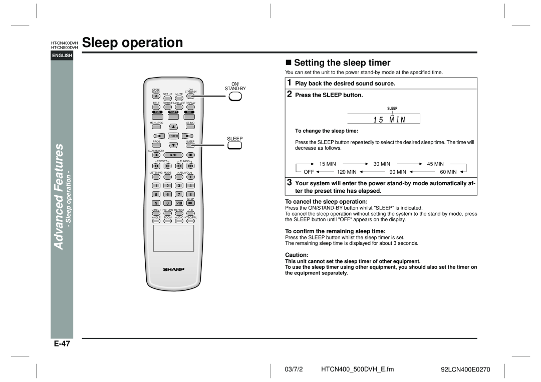 Sharp HT-CN400DVH Sleep operation, Setting the sleep timer, E-47, Play back the desired sound source, Advanced Features 