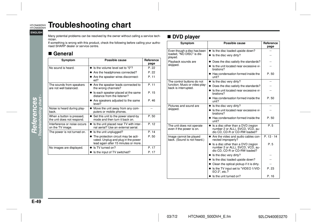 Sharp HT-CN400DVH Troubleshooting chart, References, DVD player, E-49, General, 03/7/2, HTCN400 500DVH E.fm, 92LCN400E0270 