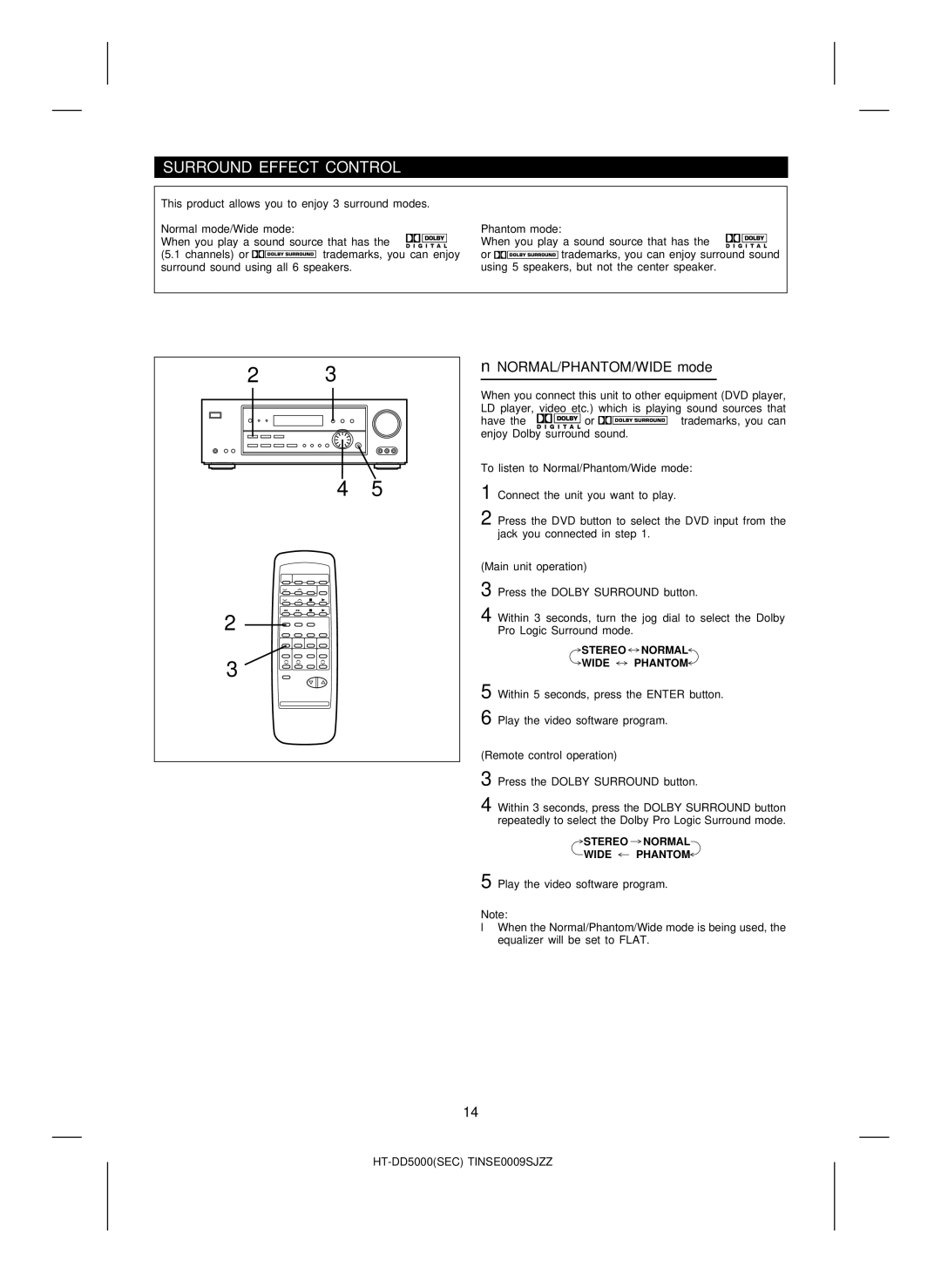 Sharp HT-DD5000 operation manual Surround Effect Control, NORMAL/PHANTOM/WIDE mode, Normal mode/Wide mode, Phantom mode 