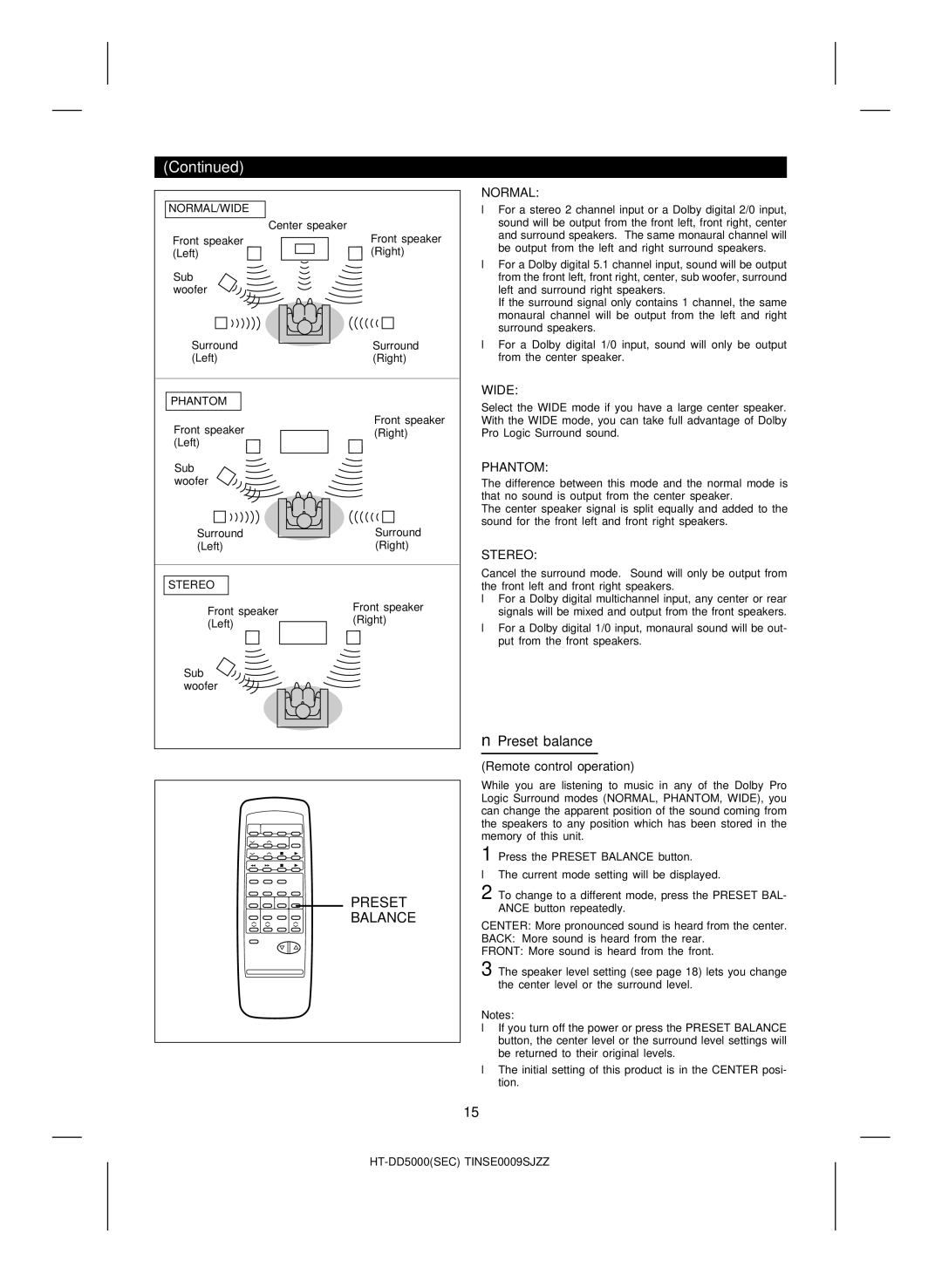 Sharp HT-DD5000 operation manual Preset balance, Remote control operation 