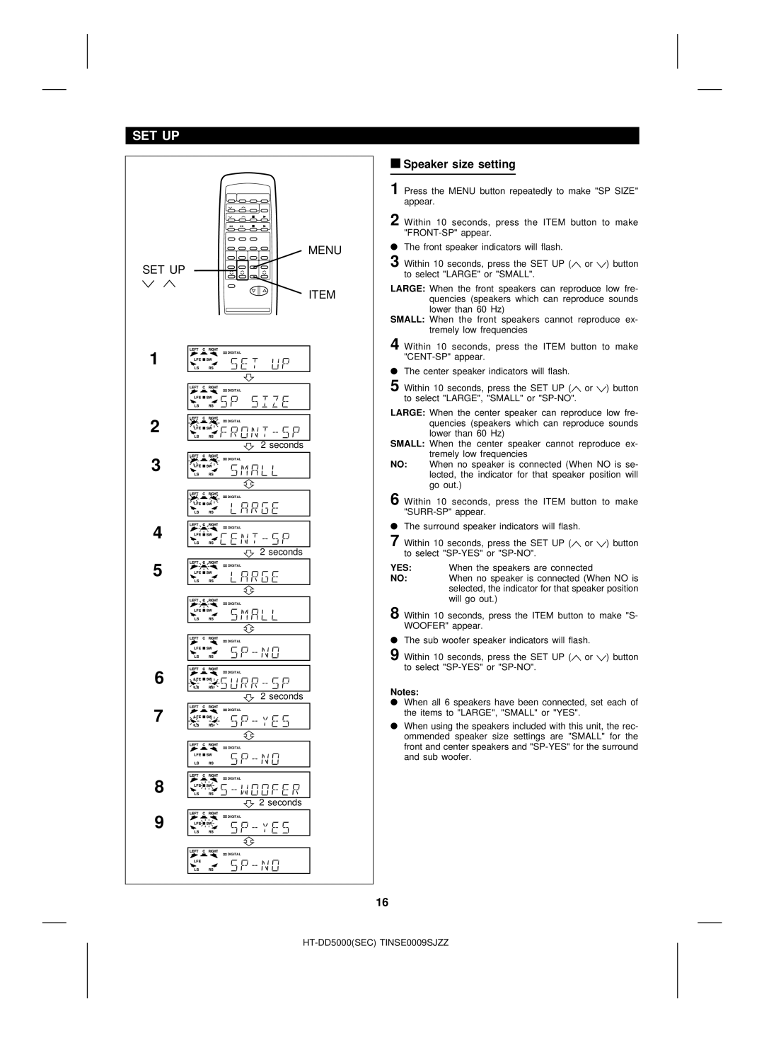 Sharp HT-DD5000 operation manual Set Up, Speaker size setting, Seconds 