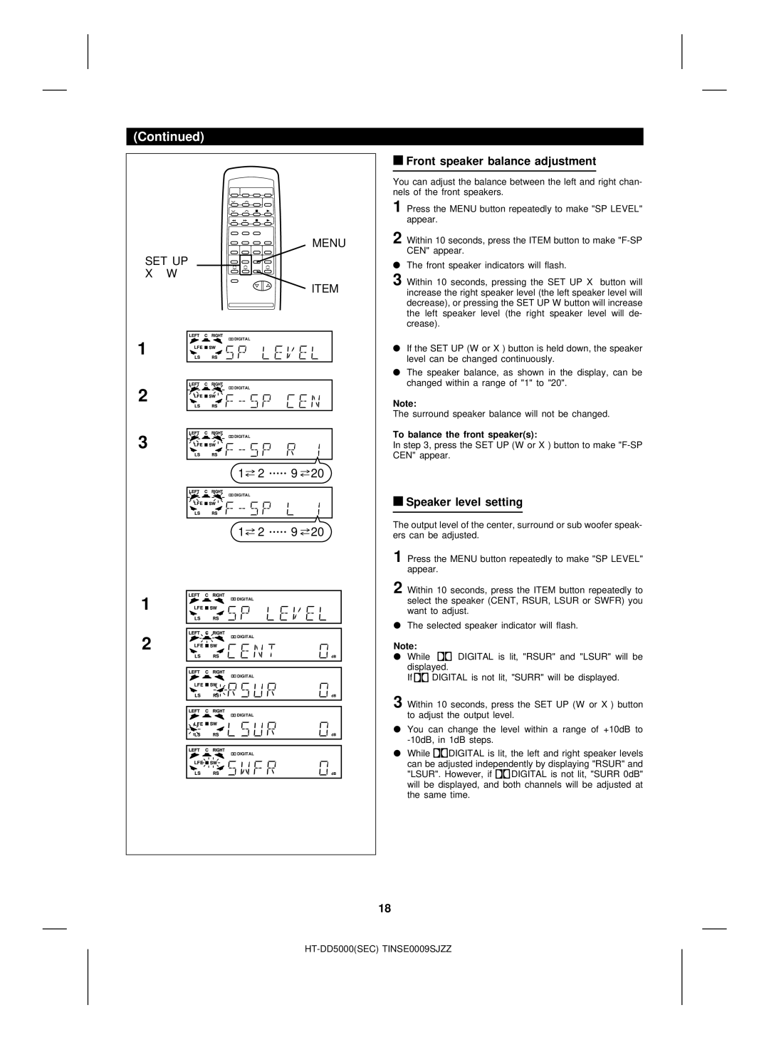 Sharp HT-DD5000 operation manual Front speaker balance adjustment, Speaker level setting, To balance the front speakers 