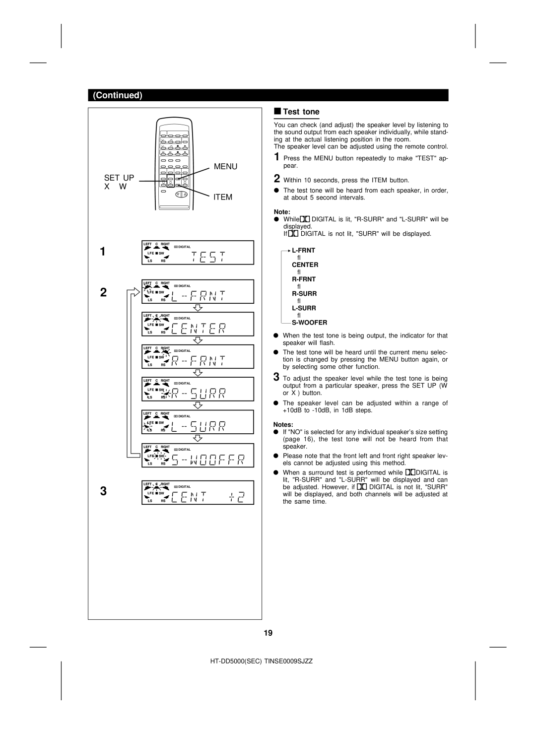 Sharp HT-DD5000 operation manual Test tone, Frnt Center Surr Woofer 