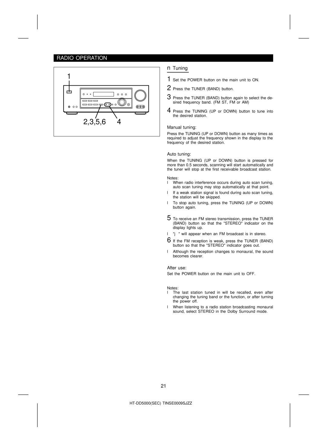 Sharp HT-DD5000 operation manual Radio Operation, Tuning, Manual tuning, Auto tuning, After use 