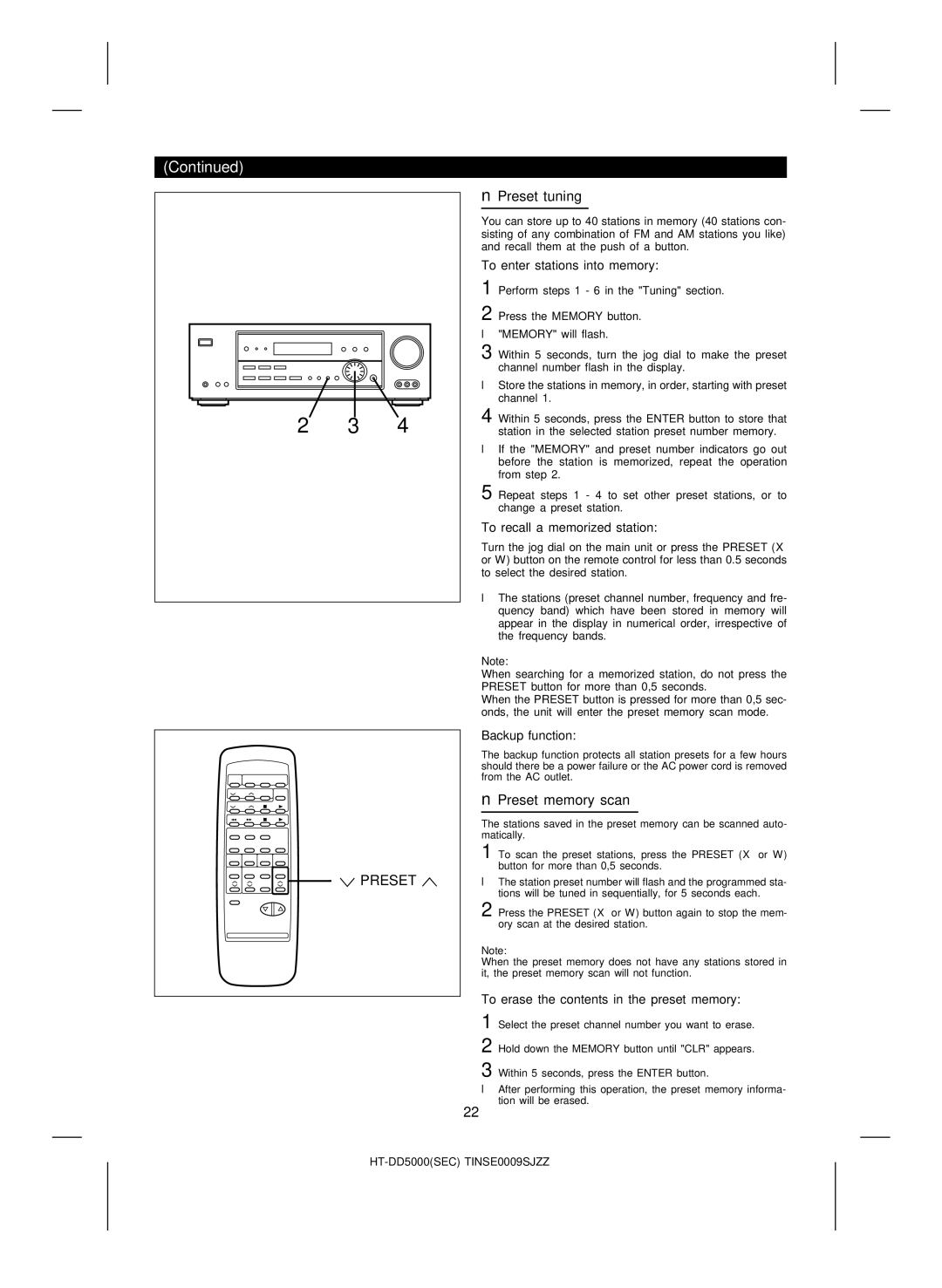 Sharp HT-DD5000 operation manual Preset tuning, Preset memory scan 