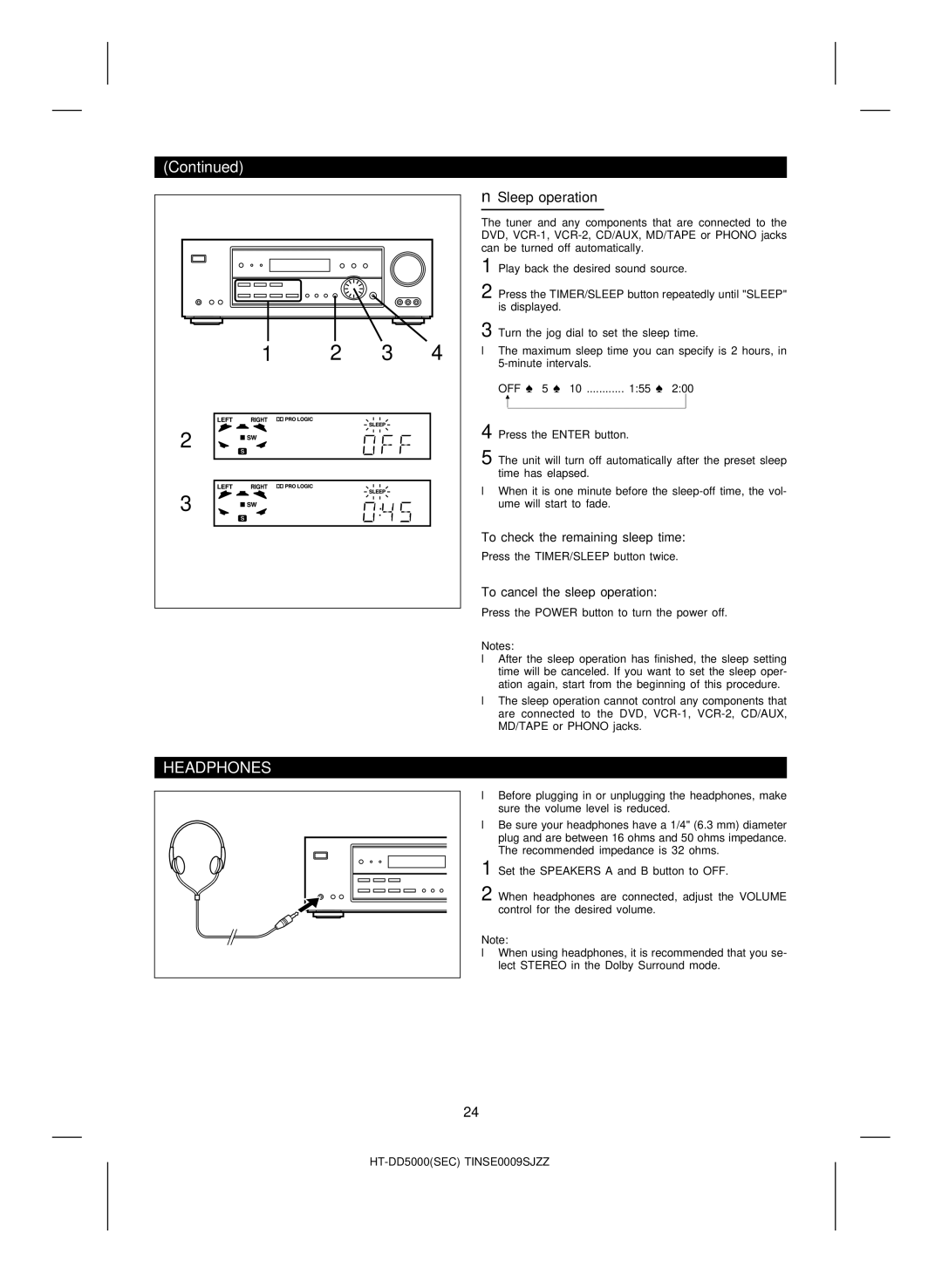 Sharp HT-DD5000 Headphones, Sleep operation, To check the remaining sleep time, To cancel the sleep operation 