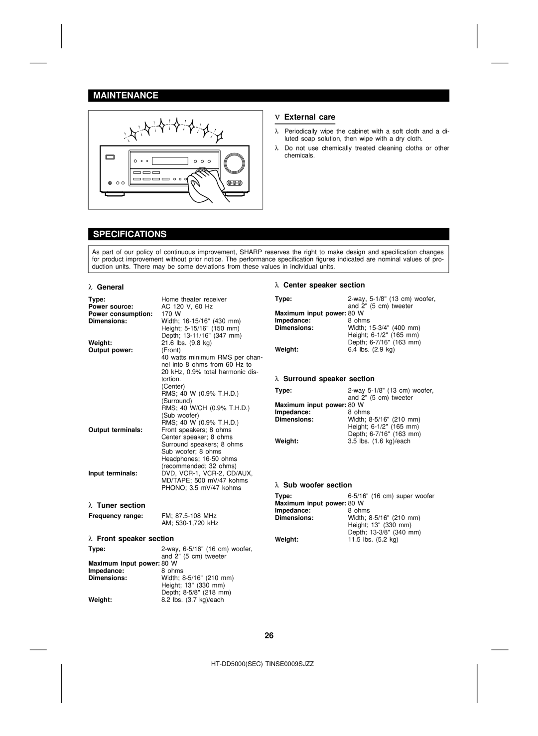 Sharp HT-DD5000 operation manual Maintenance, Specifications, External care 