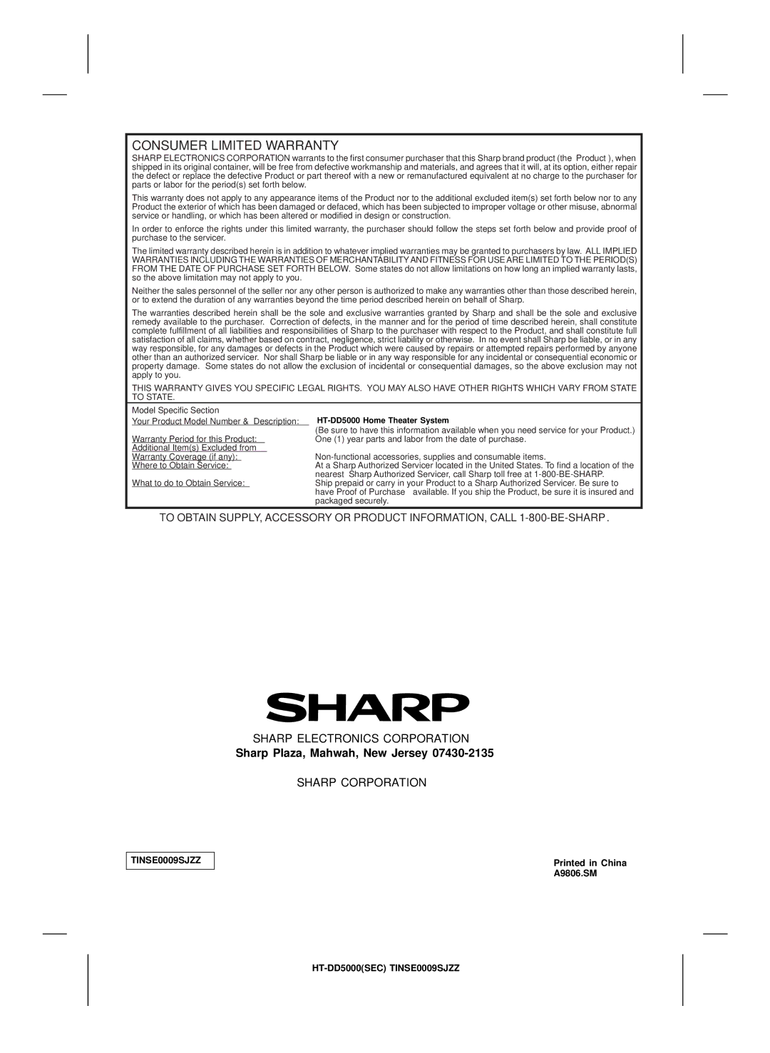 Sharp HT-DD5000 operation manual Consumer Limited Warranty 