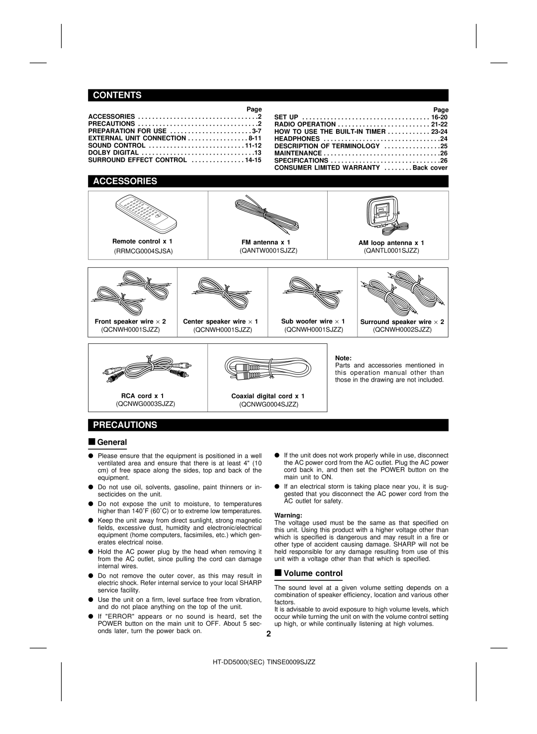 Sharp HT-DD5000 operation manual Contents, Accessories, Precautions 