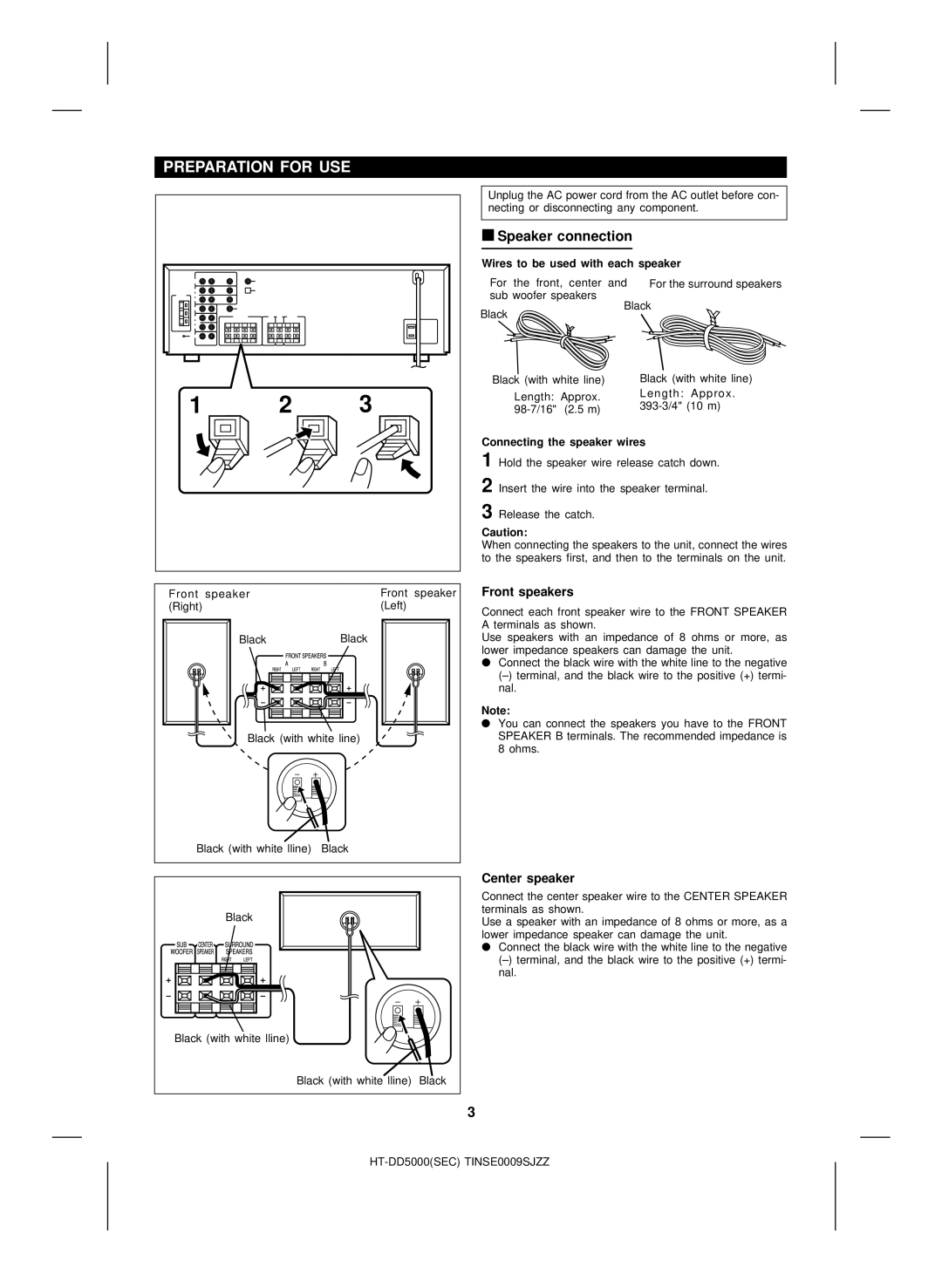 Sharp HT-DD5000 operation manual Preparation for USE, Speaker connection, Front speakers, Center speaker 