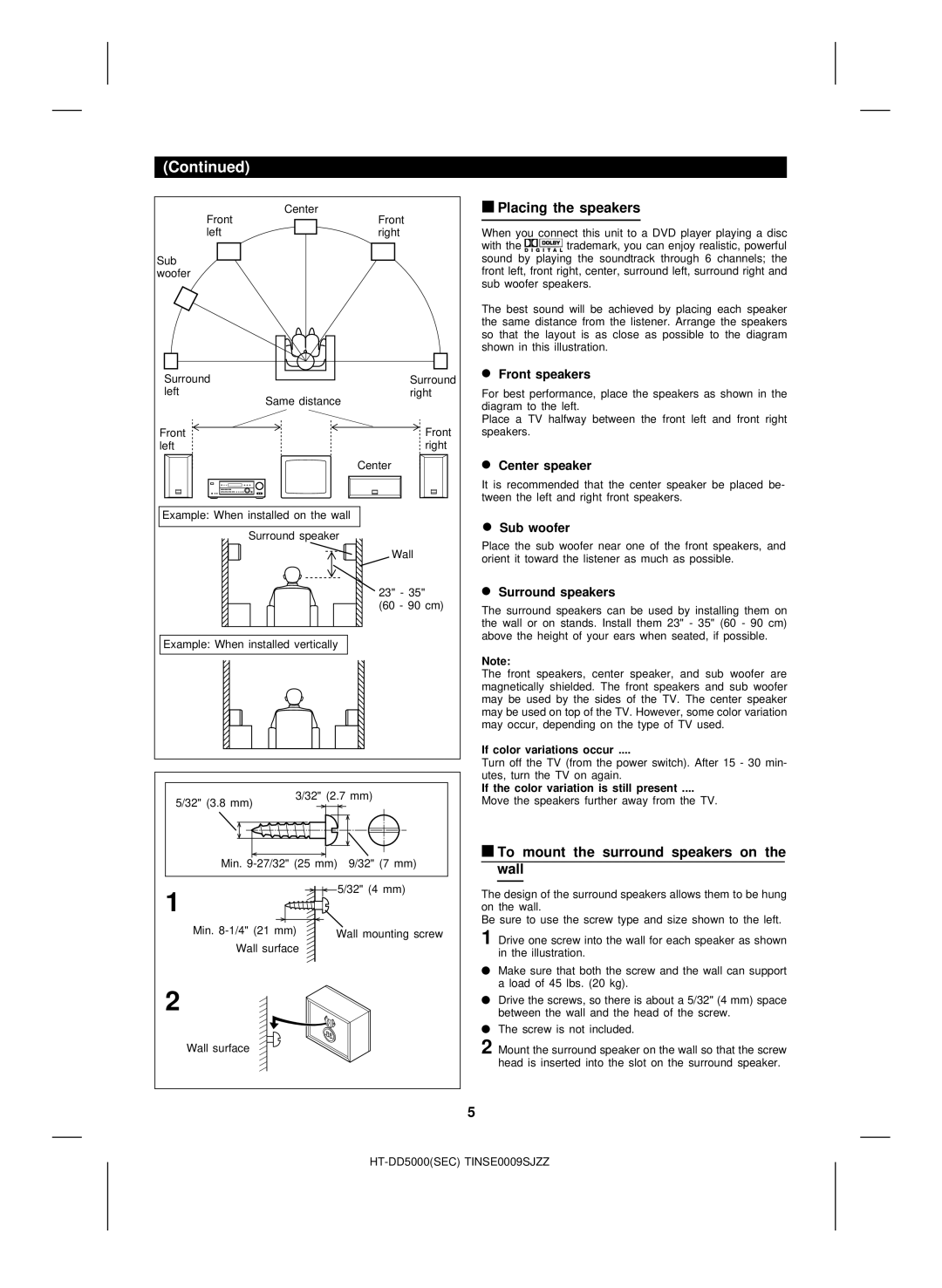 Sharp HT-DD5000 Placing the speakers, To mount the surround speakers on the wall, If color variations occur 