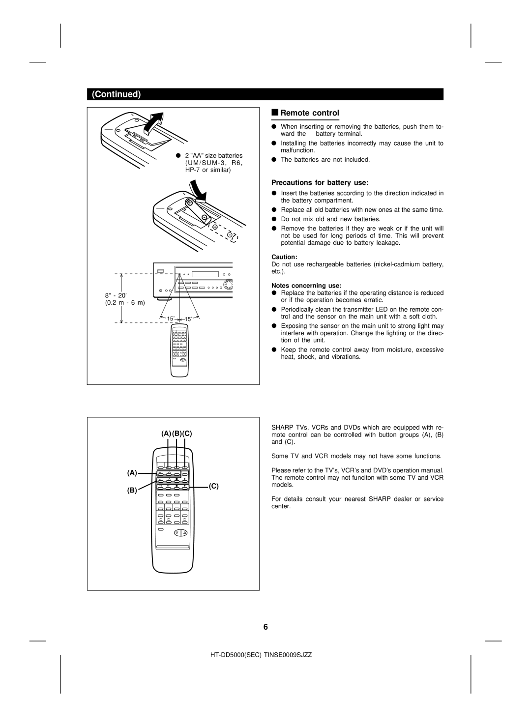 Sharp HT-DD5000 operation manual Remote control, Abc, Precautions for battery use 