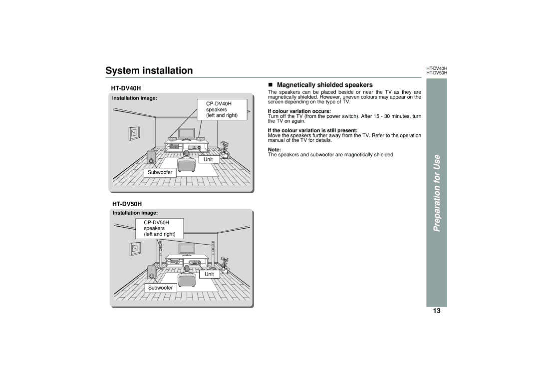 Sharp HT-DV50H, HT-DV40H operation manual System installation, Preparation for Use, Magnetically shielded speakers 