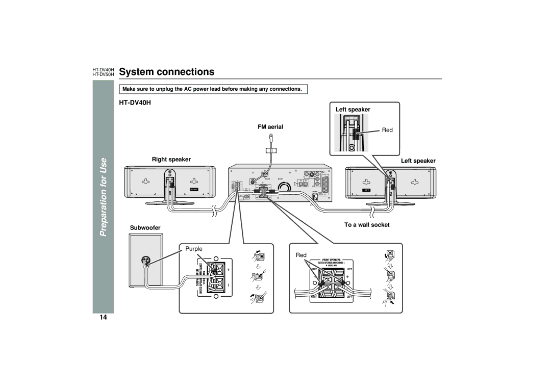 Sharp HT-DV40H, HT-DV50H operation manual System connections, For Use, Preparation, Left speaker 