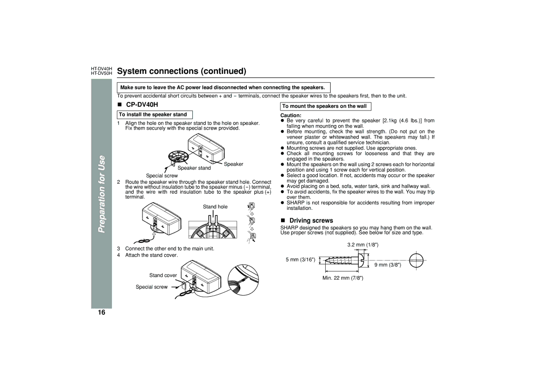 Sharp HT-DV40H, HT-DV50H operation manual Driving screws, To install the speaker stand, To mount the speakers on the wall 