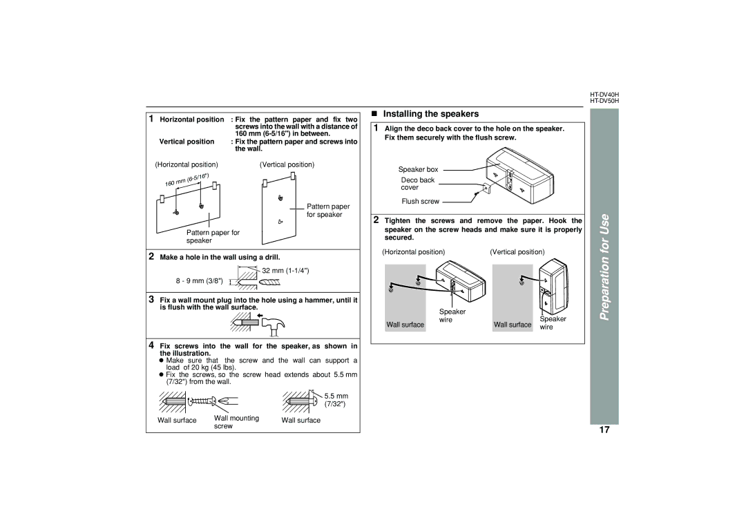 Sharp HT-DV50H, HT-DV40H Installing the speakers, Wall, Vertical position, Make a hole in the wall using a drill 