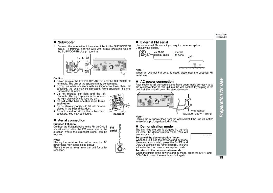 Sharp HT-DV50H, HT-DV40H Subwoofer, Aerial connection, External FM aerial, AC power connection, Demonstration mode 