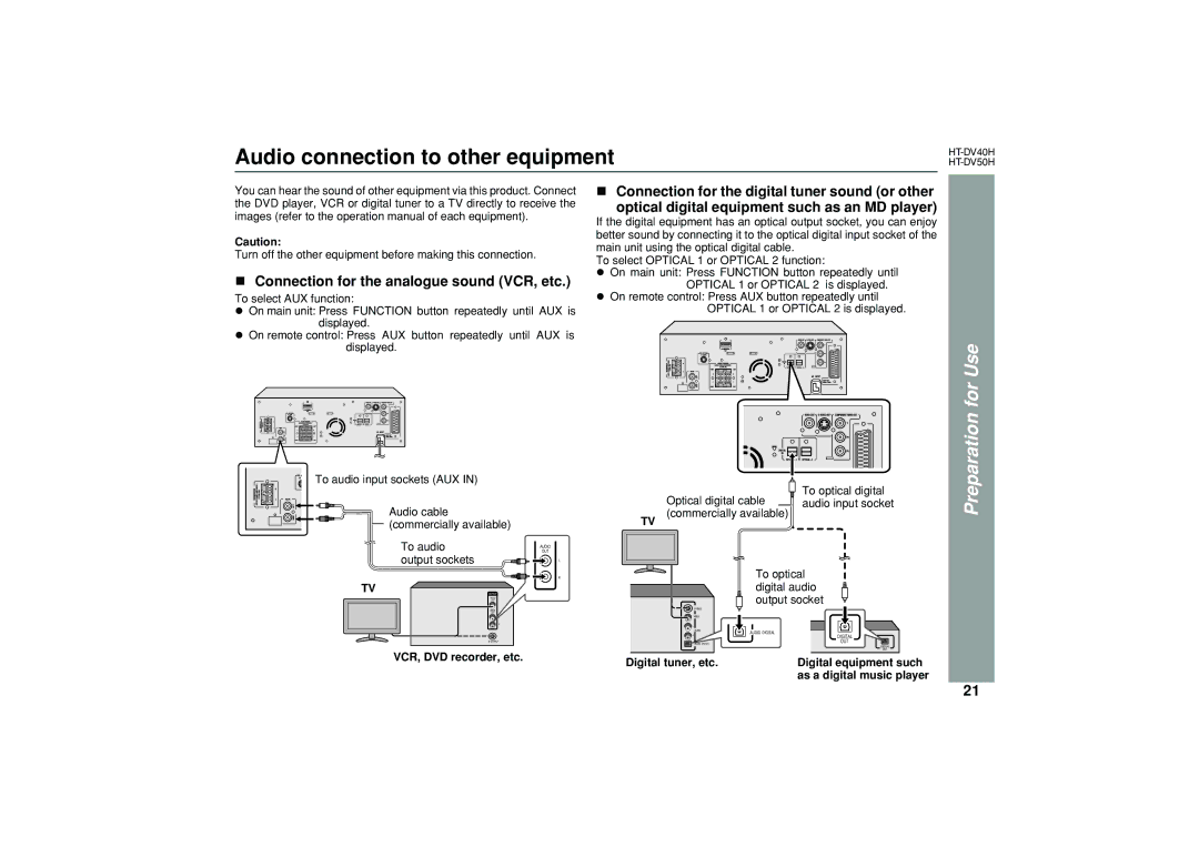 Sharp HT-DV50H, HT-DV40H operation manual Audio connection to other equipment, Connection for the analogue sound VCR, etc 