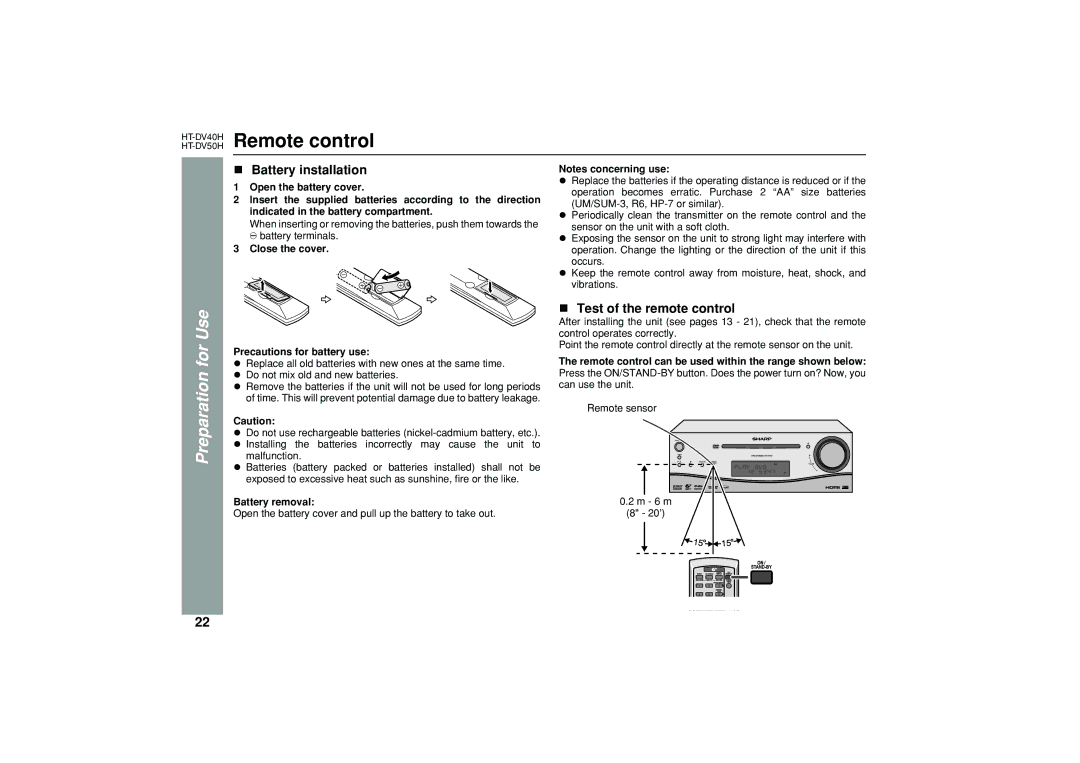 Sharp HT-DV40H, HT-DV50H operation manual Remote control, Battery installation, Test of the remote control 