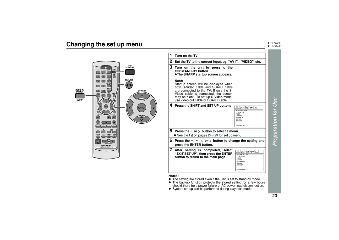 Sharp HT-DV50H, HT-DV40H operation manual Changing the set up menu 