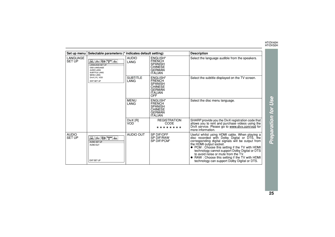 Sharp HT-DV50H, HT-DV40H operation manual Language Audio English 