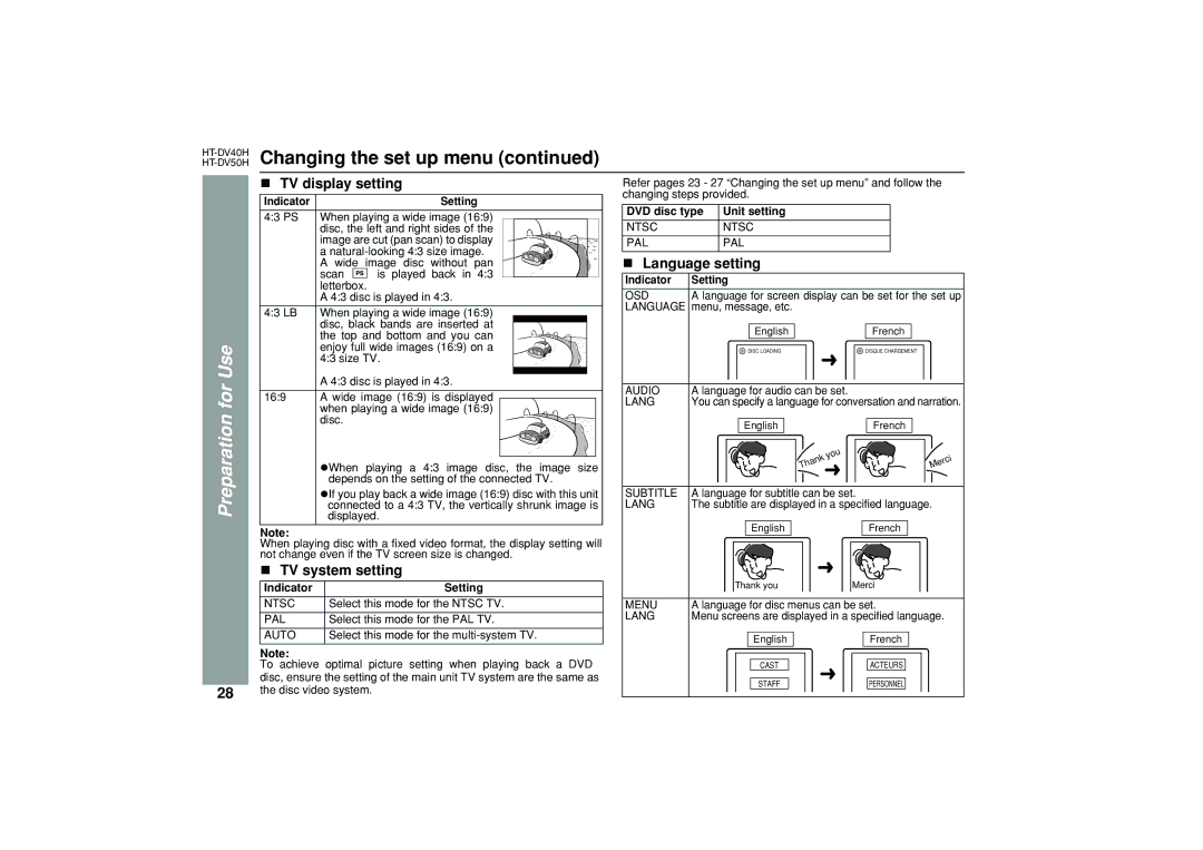 Sharp HT-DV40H, HT-DV50H operation manual For, TV display setting, TV system setting, Language setting 