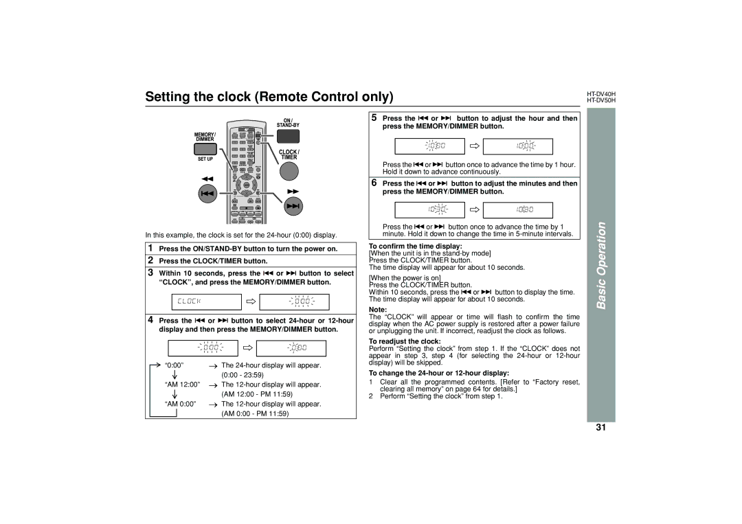 Sharp HT-DV50H, HT-DV40H Setting the clock Remote Control only, To conﬁrm the time display, To readjust the clock 