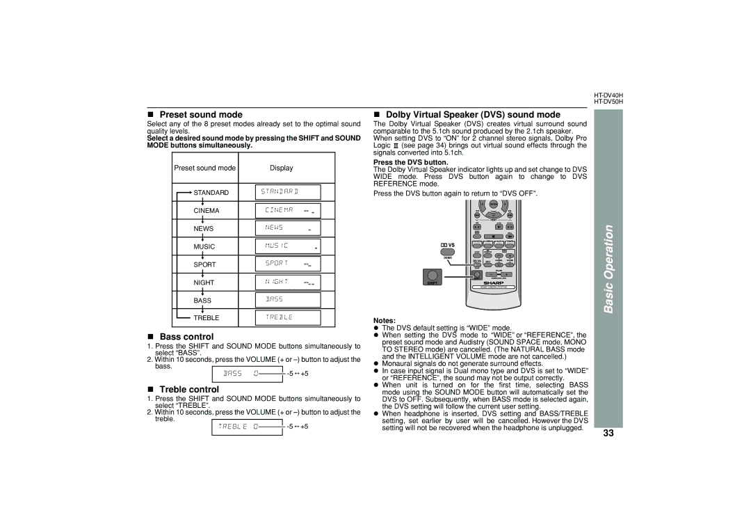 Sharp HT-DV50H Preset sound mode, Bass control, Treble control, Dolby Virtual Speaker DVS sound mode, Press the DVS button 