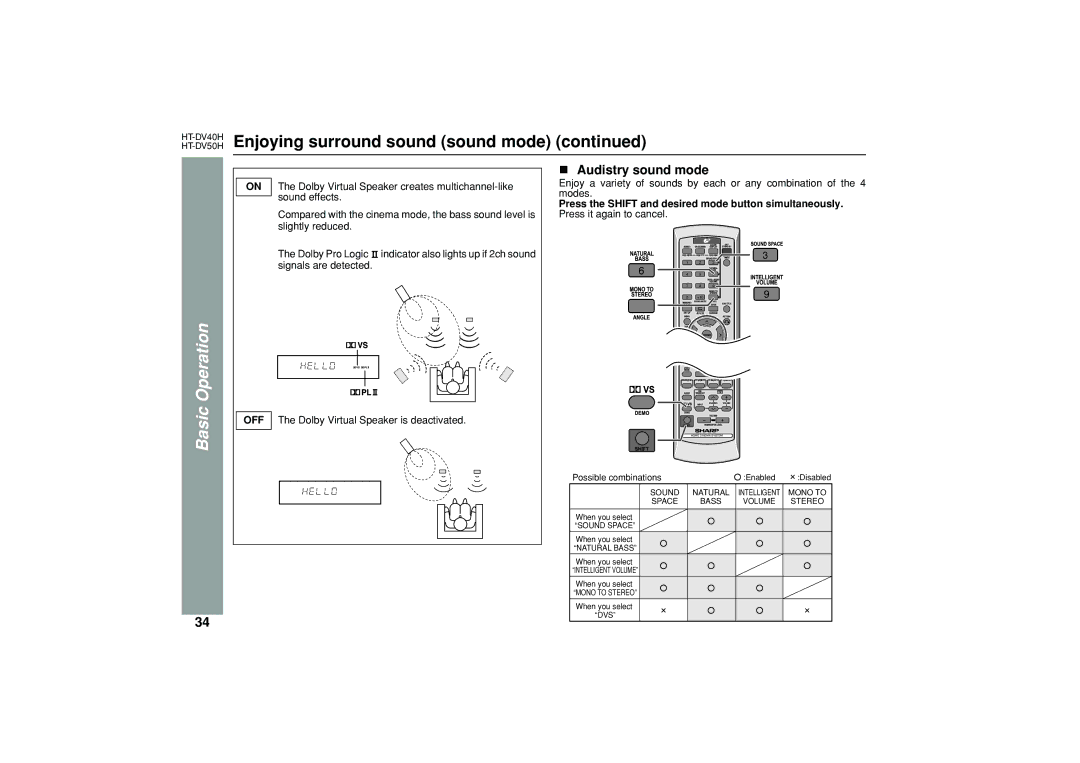Sharp HT-DV40H, HT-DV50H operation manual Audistry sound mode, Off, Press the Shift and desired mode button simultaneously 