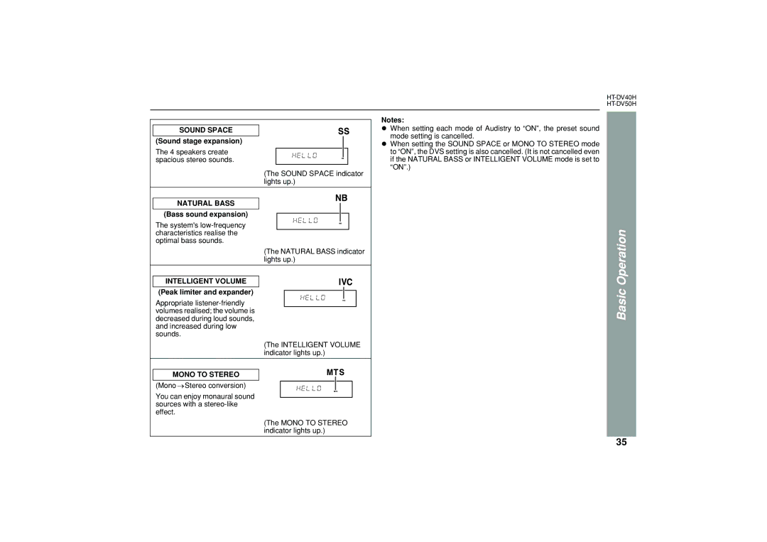 Sharp HT-DV50H, HT-DV40H operation manual Sound Space, Natural Bass, Intelligent Volume, Mono to Stereo 