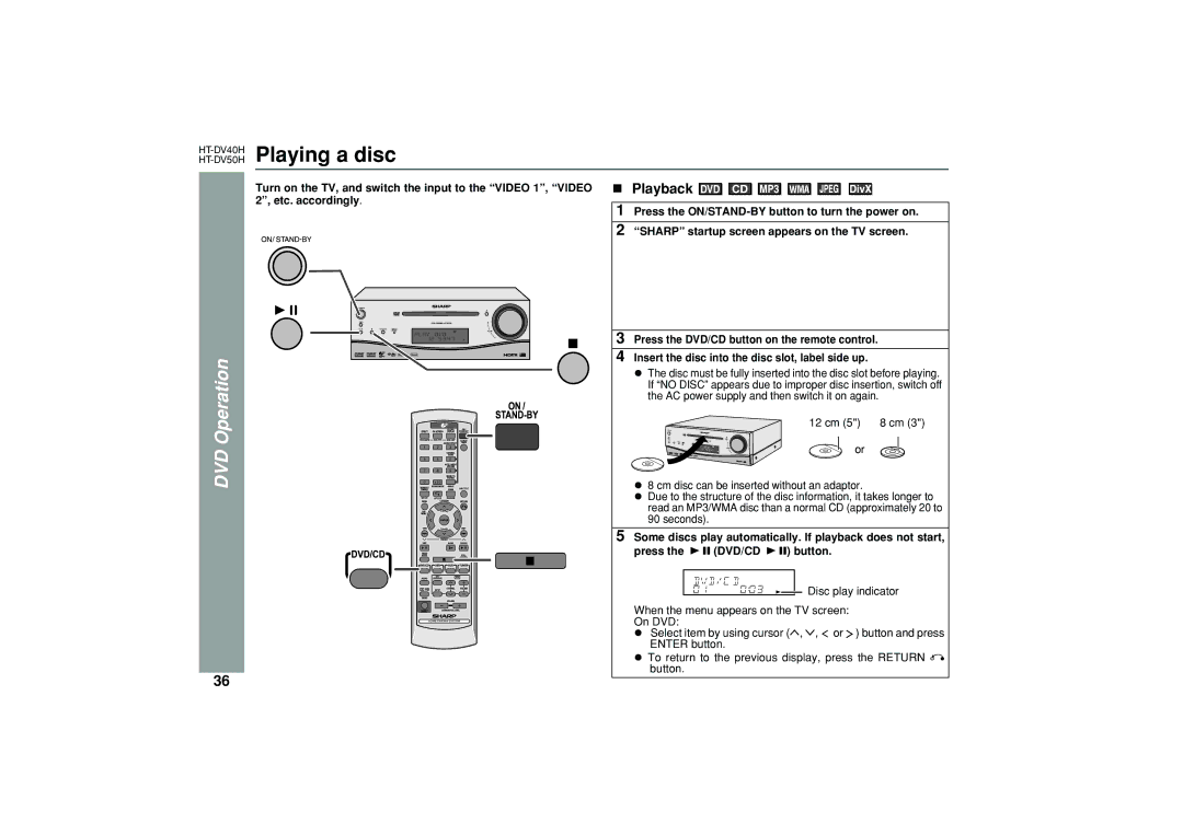 Sharp HT-DV40H, HT-DV50H operation manual Playing a disc, DVD Operation, Playback WMA 