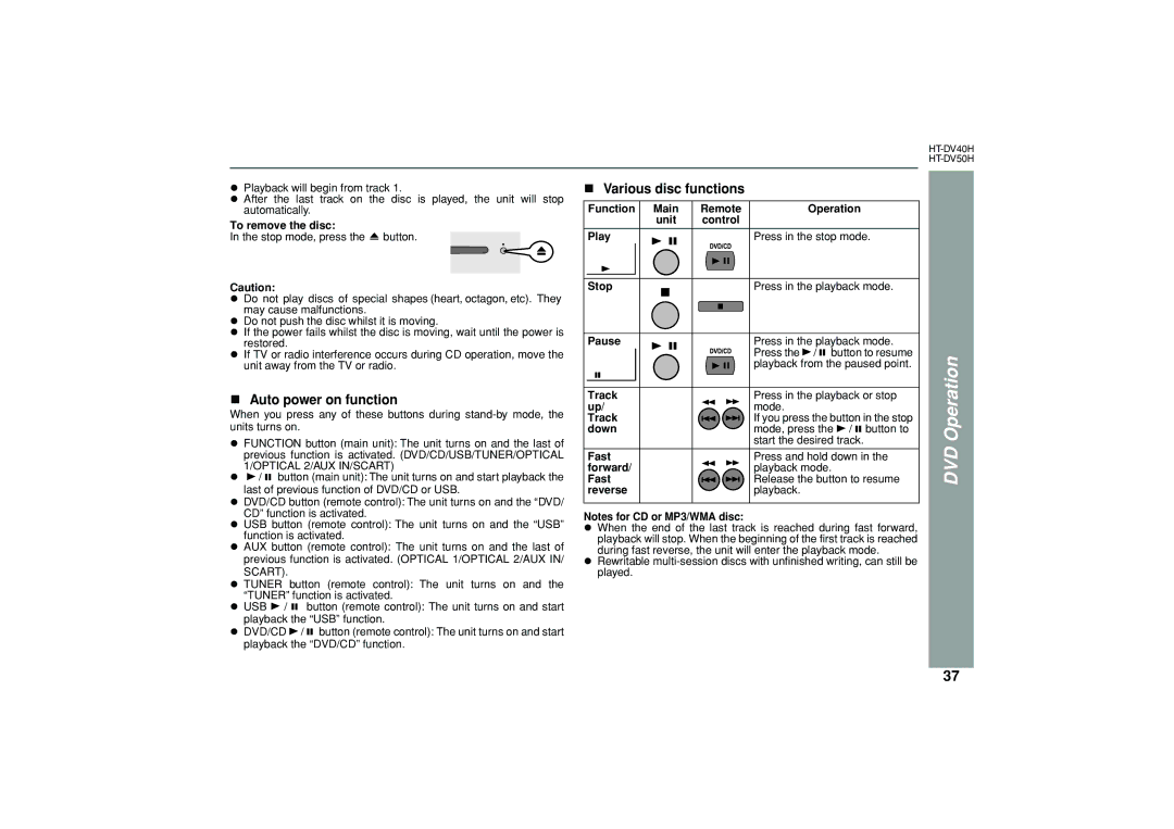 Sharp HT-DV50H, HT-DV40H operation manual Various disc functions, Auto power on function 