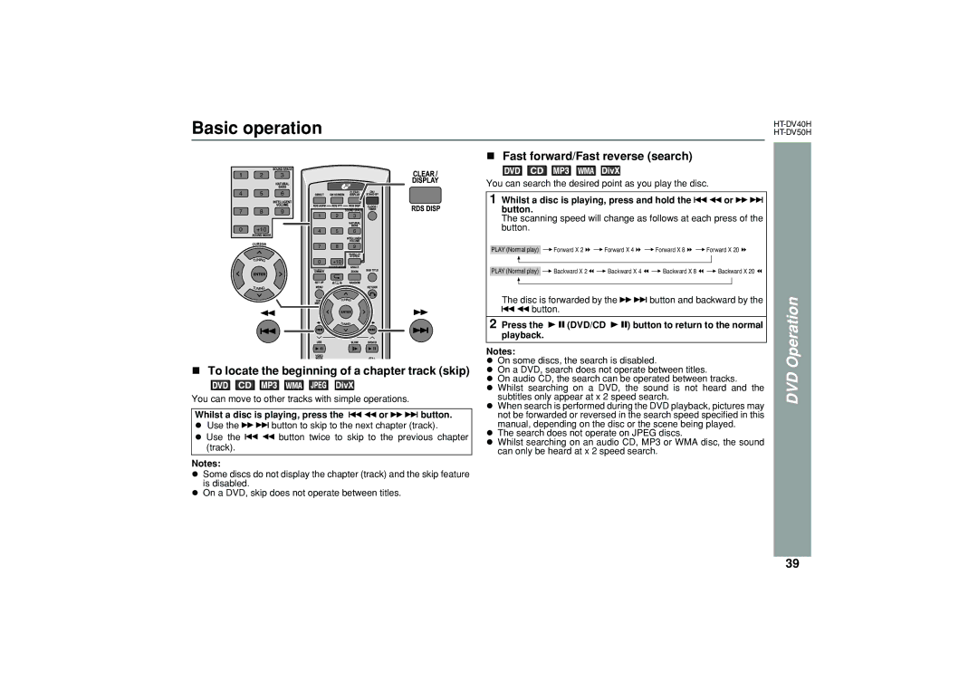 Sharp HT-DV50H, HT-DV40H operation manual Basic operation, Operation, Fast forward/Fast reverse search 