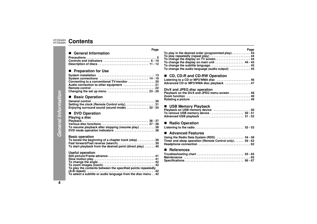 Sharp HT-DV40H, HT-DV50H operation manual Contents 