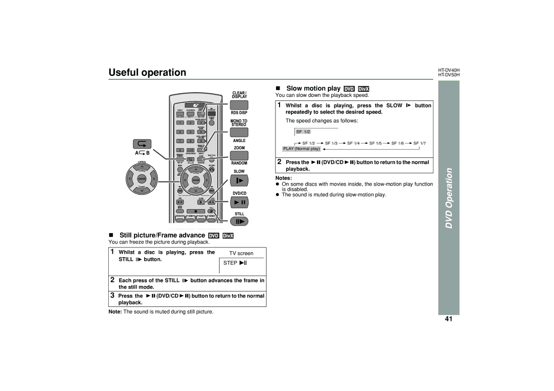 Sharp HT-DV50H, HT-DV40H operation manual Useful operation, Slow motion play, Dvd/Cd, Still, Step 