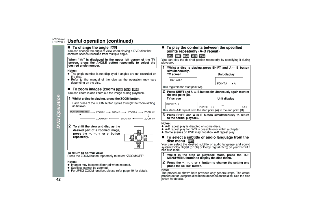 Sharp HT-DV40H To change the angle, To zoom images zoom, To select a subtitle or audio language from the disc menu 