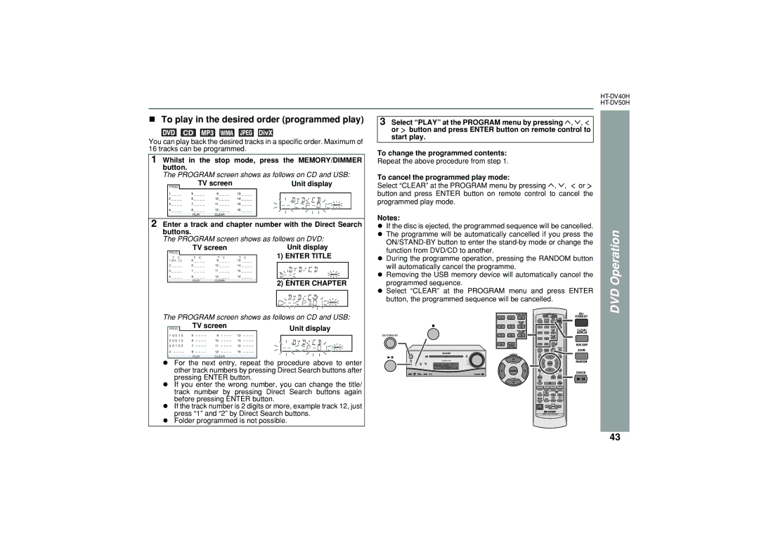 Sharp HT-DV50H To play in the desired order programmed play, Whilst in the stop mode, press the MEMORY/DIMMER button 