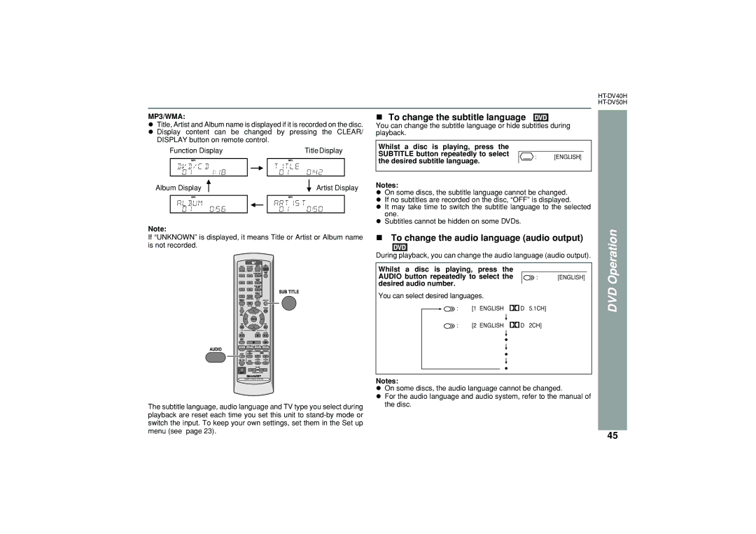 Sharp HT-DV50H, HT-DV40H To change the subtitle language, MP3/WMA, Desired subtitle language, Desired audio number 