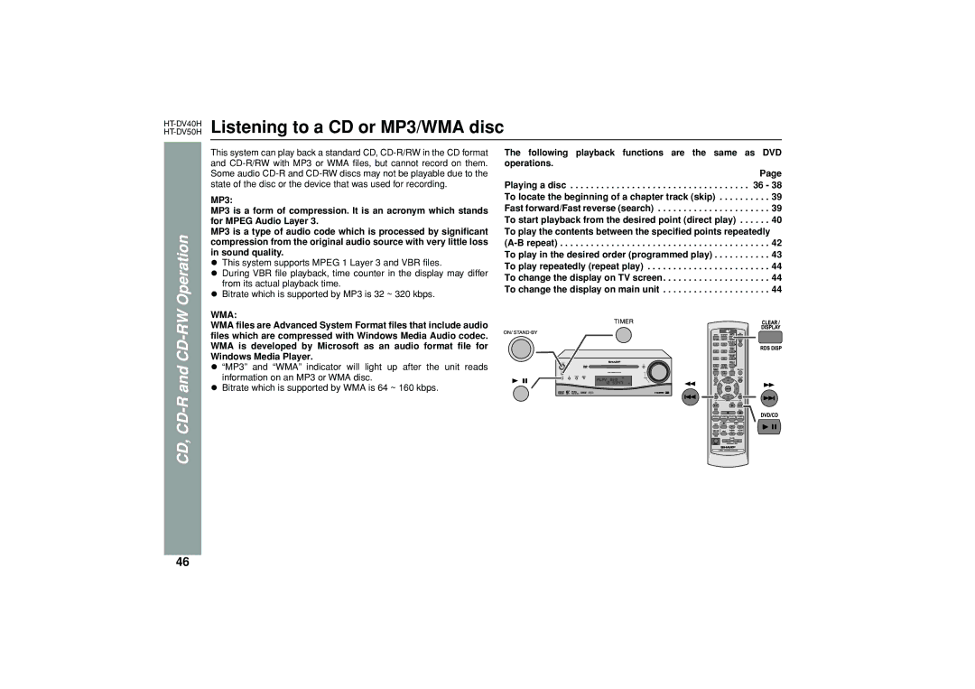 Sharp HT-DV40H, HT-DV50H operation manual Listening to a CD or MP3/WMA disc, CD, CD-R and CD-RW Operation, Wma 