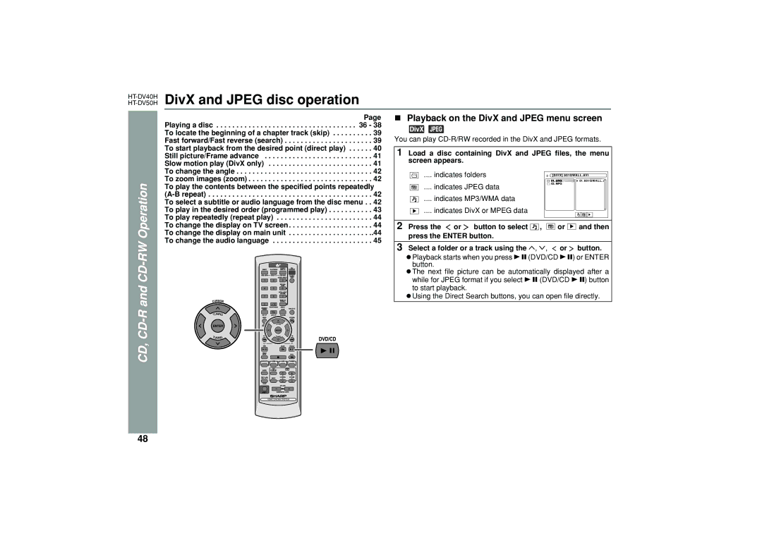 Sharp HT-DV40H, HT-DV50H DivX and Jpeg disc operation, CD-RW Operation, Playback on the DivX and Jpeg menu screen 